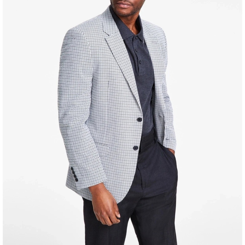Nautica Men's Modern-Fit Seersucker Sport Coat Blazer 42R Black White Check